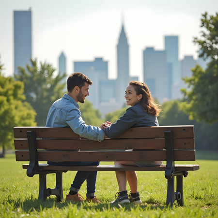 Young couple sitting on a bench in a park in New York Cityの素材