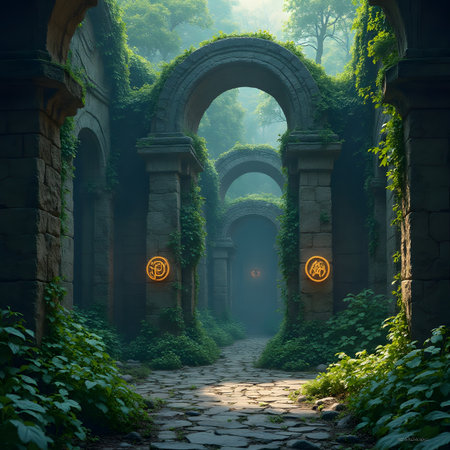 Mysterious dark alley in the forest with lanterns in the fogの素材