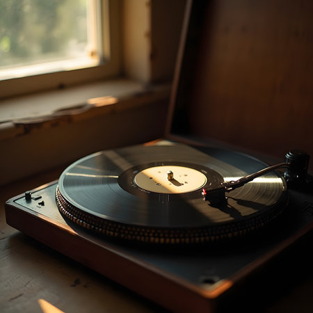 Vintage turntable with vinyl record on the old wooden table.の素材