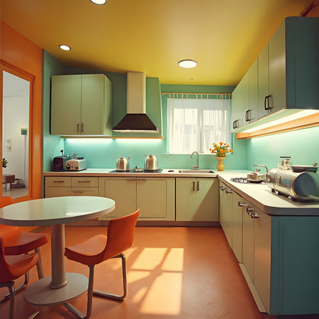 Kitchen in green color. 3d render. Vintage style.の素材