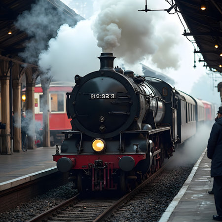 Old steam locomotive on the platform of the railway station at nightの素材