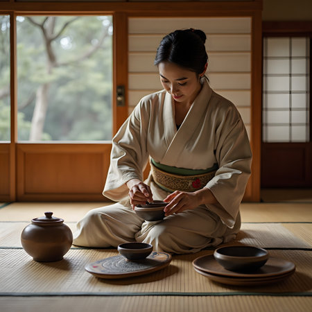 Japanese woman drinking tea in a teapot in a Japanese houseの素材