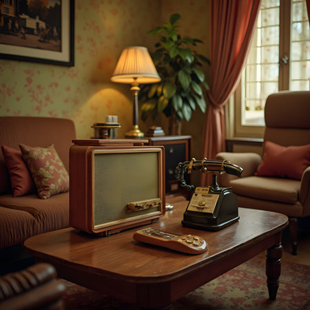 Retro telephone in a living room. Vintage style. 3d renderingの素材