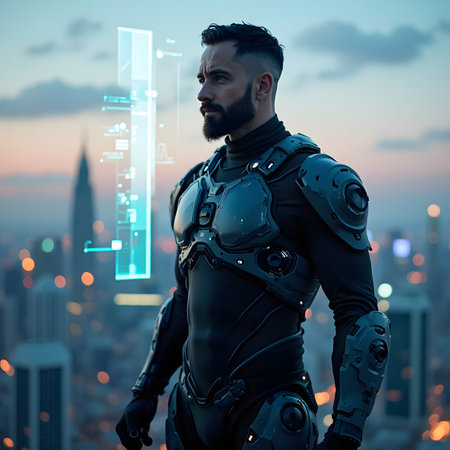 Portrait of a bearded cyborg on a background of a futuristic city.の素材