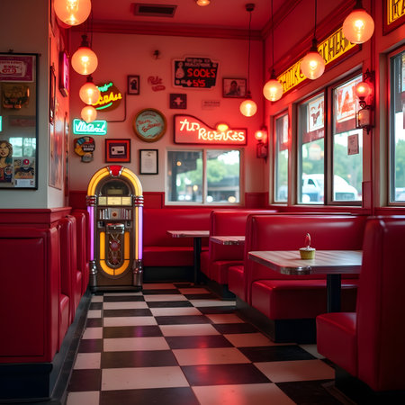 Restaurant with red tables and chairs, Paris, France.の素材