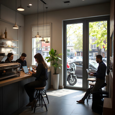 Group of business people working together in a coffee shop. Businessman and businesswoman sitting in a cafe.の素材