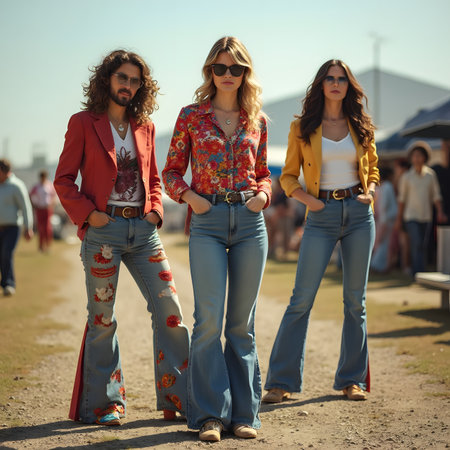 Portrait of two beautiful young women in jeans and a red jacket.の素材
