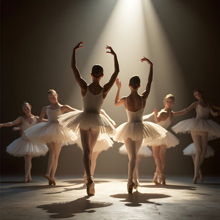 Young ballerinas in white tutu dancing on stage with spotlightsの素材
