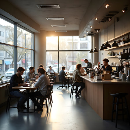 Coffee shop, cafe interior with people drinking coffee and talkingの素材