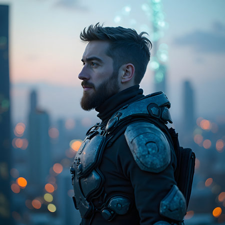 View of a futuristic warrior on the background of a futuristic city.の素材