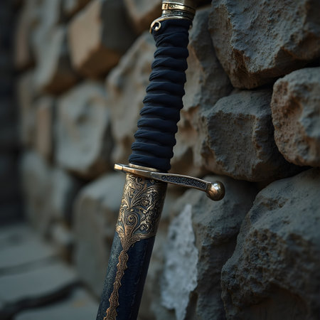 Katana sword on stone wall background. Close-up. Selective focus.の素材