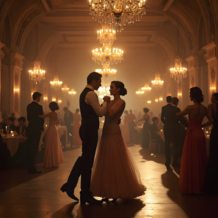 Wedding couple dancing in a room with columns and ceiling.の素材