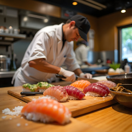 Japanese chef preparing sushi on wooden board in restaurant kitchen. Chef decorating food.の素材