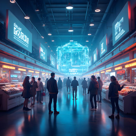 Supermarket interior with people walking and shopping in night time. 3D renderingの素材
