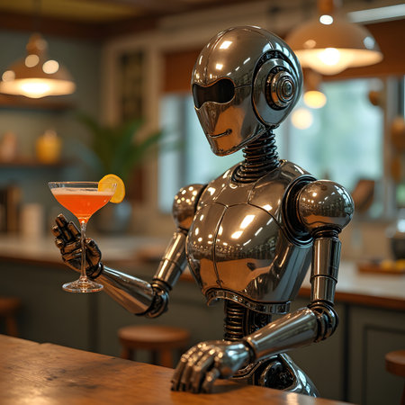 Robot holding a glass of martini. 3d rendering.の素材