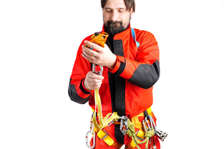 The man advertises climbing gadgets.の写真素材