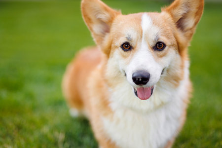 Welsh Corgi Pembroke dog on green grassの写真素材