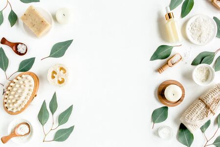 Spa concept with eucalyptus oil and eucalyptus leaf extract natural organic spa cosmetics products eco friendly bathroom accessories.Skincare conceptの写真素材