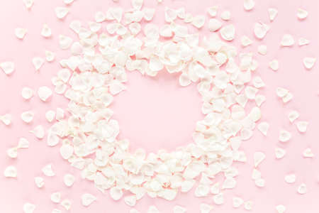 Frame made of beige petals roses on pink background. Flat lay, top view. Valentines background....
