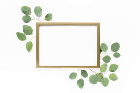 Gold frame is decorated with green branches and eucalyptus leaves on a white background. lay flat, top viewの写真素材