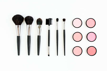 Professional decorative cosmetics, makeup tools on white background. Flat composition beauty,...