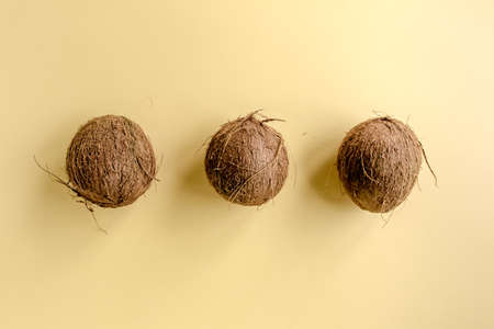 Coconuts on yellow background. The apartment lay, top viewの写真素材
