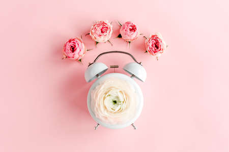 Top view composition-Summer time from made of pink ranunculus and roses flower buds on pink background. Template feminine blog social media. Minimalの写真素材
