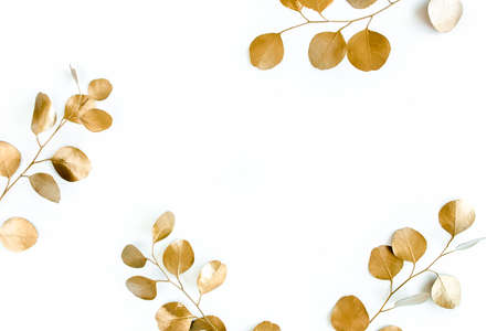 Borders of the frame of gold branches, eucalyptus leaves on a white background. flat layout, top...