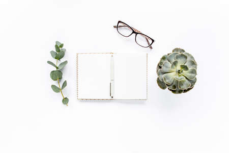 diary, pen, green leaves eucalyptus and glasses on white background. flat lay, top viewの写真素材