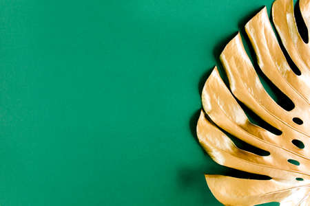 Gold tropical palm leaves Monstera on green background. Flat lay, top view minimal concept.の写真素材
