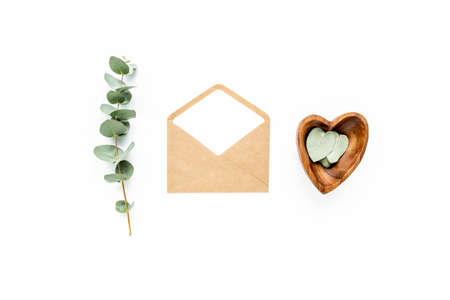eucalyptus green, succulent, brown envelope, leaves isolated on white background. flat lay, overhead viewの写真素材
