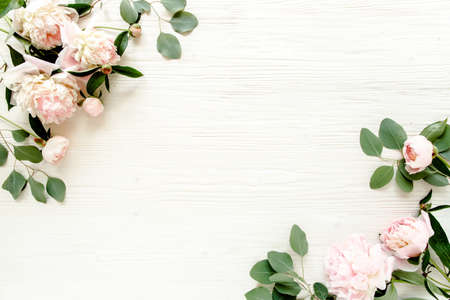 Border frame made of pink and beige peonies flower and isolated on white background. Flat lay, top view. Frame of flowers.の写真素材