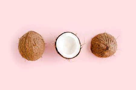 Pattern with coconuts and tropical palm leaves on pink background. Tropical abstract background....