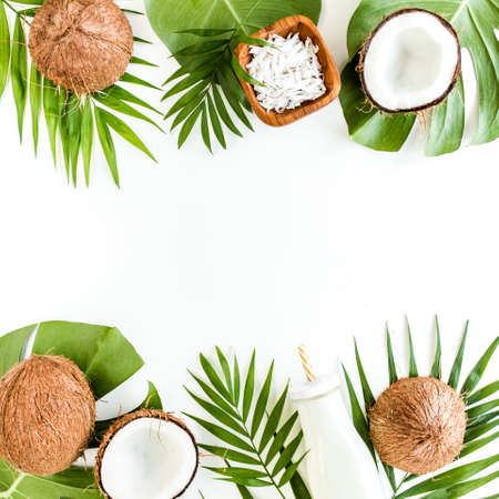 Pattern, frame borders with coconuts and tropical palm leaves on white background. Tropical abstract...