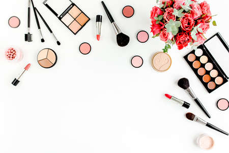 Professional decorative cosmetics, makeup tools brushes on white background. Flat composition beauty, fashion. magazines, social. flat lay, top viewの写真素材