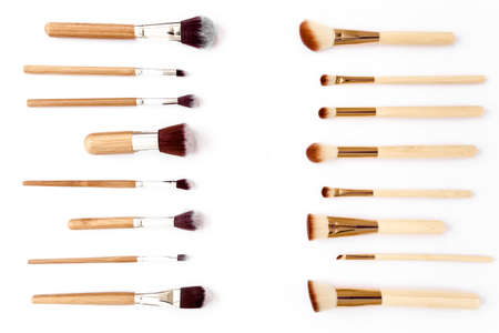 Professional decorative cosmetics, makeup tools on white background. Flat composition beauty, fashion. flat lay, top viewの写真素材