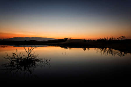 Sunset at the lake with the reflection of trees and plants on waterの写真素材