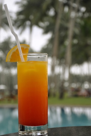 A Glass of Tequila Sunrise on the poolside surrounded by Palm Treesの写真素材