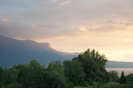 Greenery besides Lake Geneva at Sunsetの写真素材