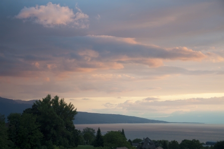 A beautiful view of Lake Geneva at Sunset, Switzerlandの写真素材