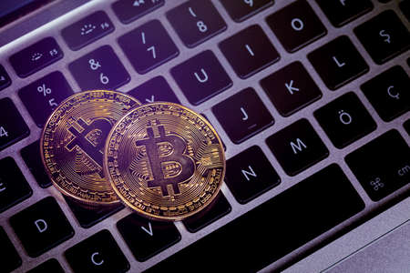 Bitcoins, Crypto Money, Bitcoin Transactions on Laptop
