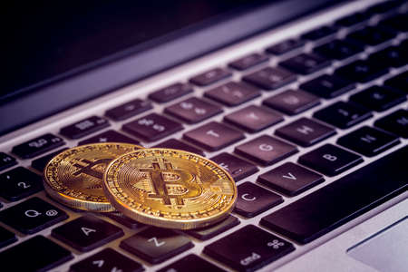 Bitcoins, Crypto Money, Bitcoin Transactions on Laptopの写真素材