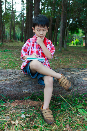 Handsome asian boy can resolve problem on wooden log in national park. Child thoughtful and writing on notebook. Outdoors in the day time with bright sunlight. Children planning and education concept.の写真素材