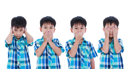 Set of four portrait of asian handsome boy covering his ear mouth nose eye in different poses. Isolated on white background. Negative human emotion, facial expression feeling reaction. Studio shot.の写真素材