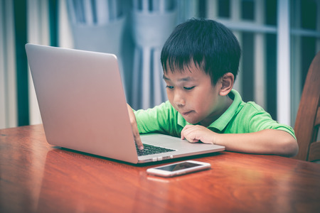 Happy asian child. Handsome boy enjoying modern generation technologies playing indoors using laptop...