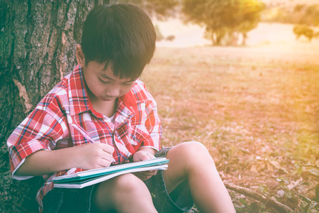 Handsome asian boy drawing in national park on vacation. Child writing on book. Education concept....