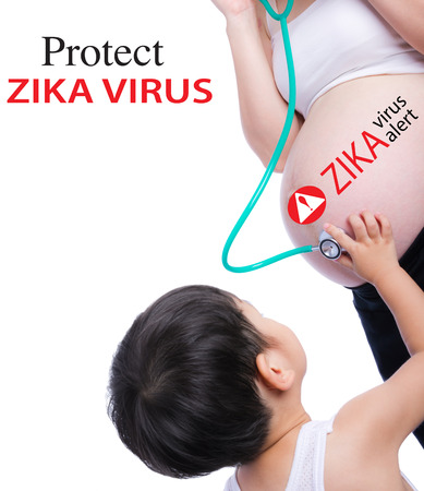 Zika virus. Conceptual about Zika pregnancy fear medical and virus danger. Pregnant woman examining her tummy , her son holding stethoscope.の写真素材