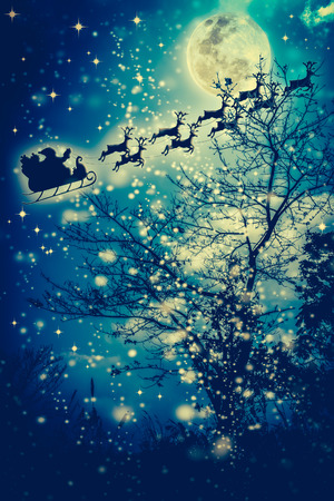 Christmas background. Beautiful winter background of snowy night sky, stars, full moon and dry tree. Silhouette of Santa Claus flying on a sleigh pulled by reindeer. Moon were NOT furnished by NASA.の写真素材