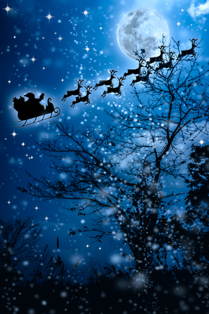 Christmas background. Beautiful winter background of snowy night sky, stars, full moon and dry tree. Silhouette of Santa Claus flying on a sleigh pulled by reindeer. Moon were NOT furnished by NASA.の写真素材