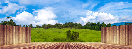 Panorama of perspective wooden floor and wall with fresh green forest against beautiful blue sky and cloudy at the daytime on summer day. Can be used for montage or display your products.の写真素材